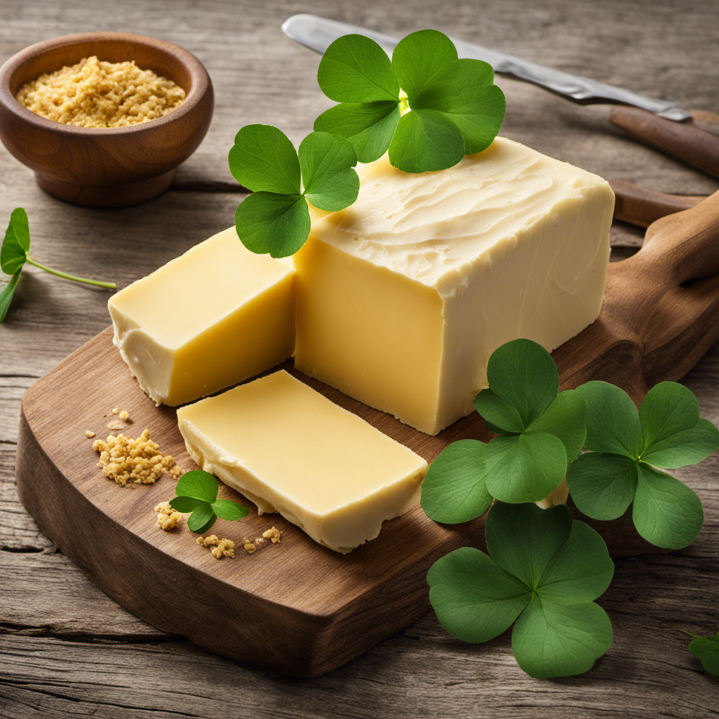 An image showcasing a golden, creamy block of Irish butter sitting on a rustic wooden board