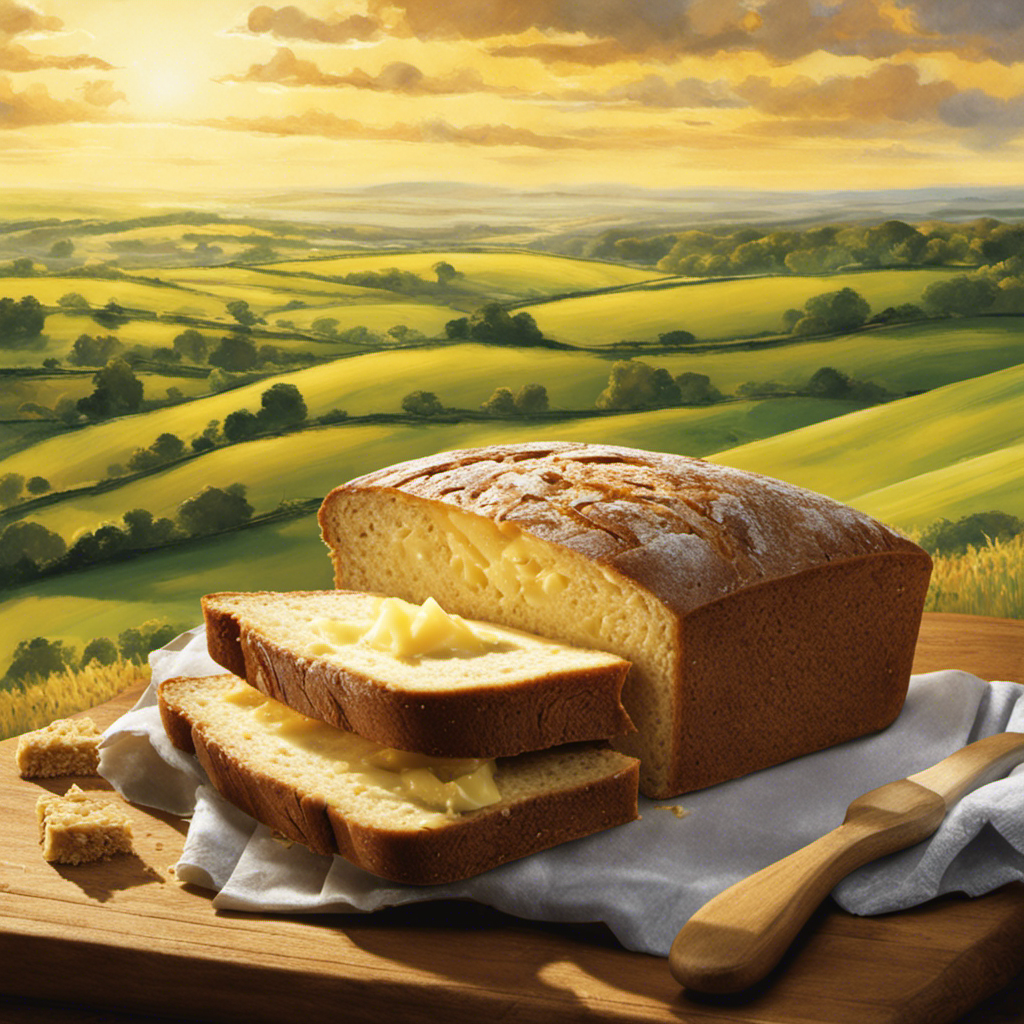 An image showcasing a slice of warm whole-grain bread, generously topped with a thick, creamy slab of golden Irish butter slowly melting and glistening under the morning sunlight, evoking the mouthwatering aroma and promising the healthful richness of Irish butter