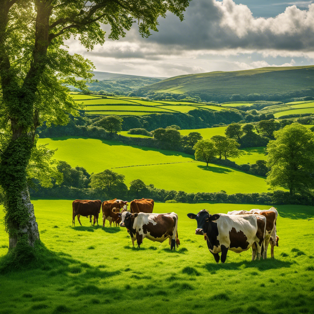 An image showcasing lush, rolling green pastures stretching as far as the eye can see
