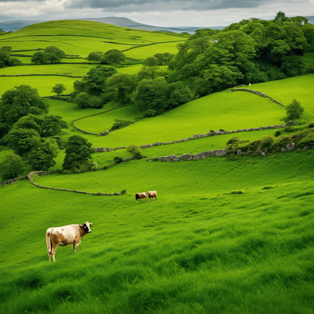 An image featuring a lush green pasture in Ireland, with contented cows grazing on rich, nutrient-dense grass