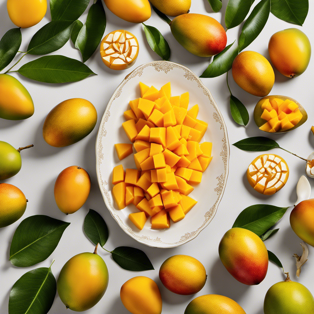 the essence of mango butter in a vibrant image: A ripe mango, its golden flesh oozing velvety richness, sliced open to reveal a luscious, creamy texture amidst the tropical foliage