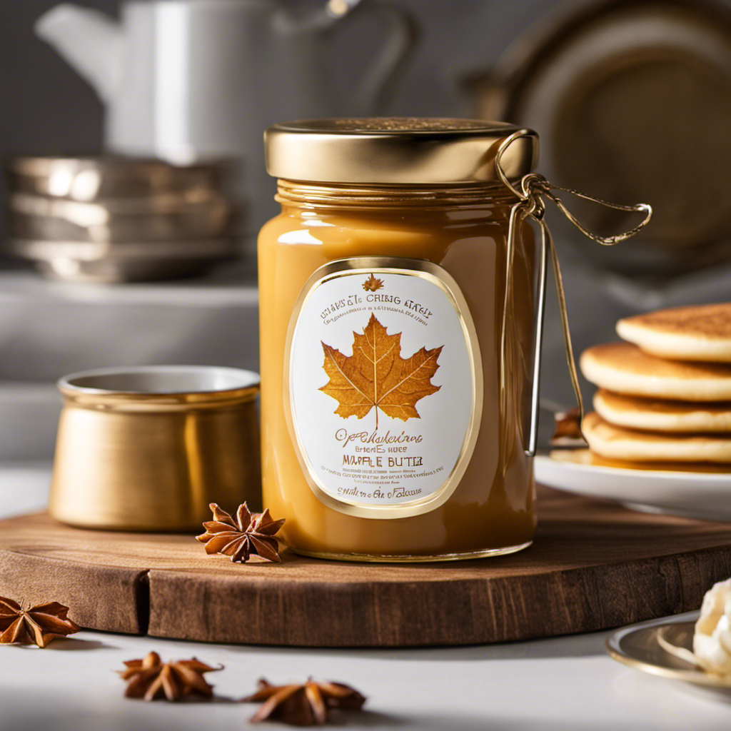 An image showcasing a luxurious jar of glossy, golden maple butter, glistening in the morning sunlight