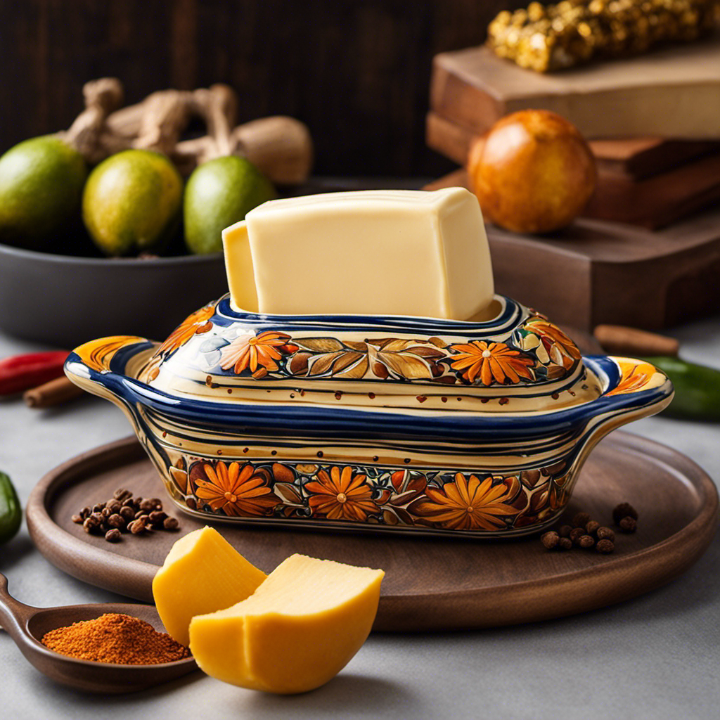 An image showcasing a vibrant, hand-painted ceramic butter dish filled with a creamy, golden-hued Mexican butter adorned with subtle flecks of aromatic spices