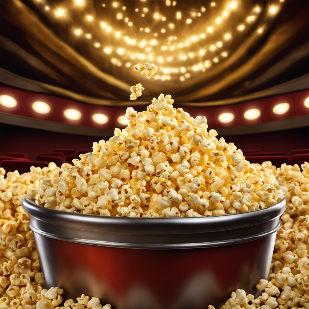 An image depicting a golden, velvety stream of warm butter cascading over a bucket of freshly popped popcorn at a movie theater
