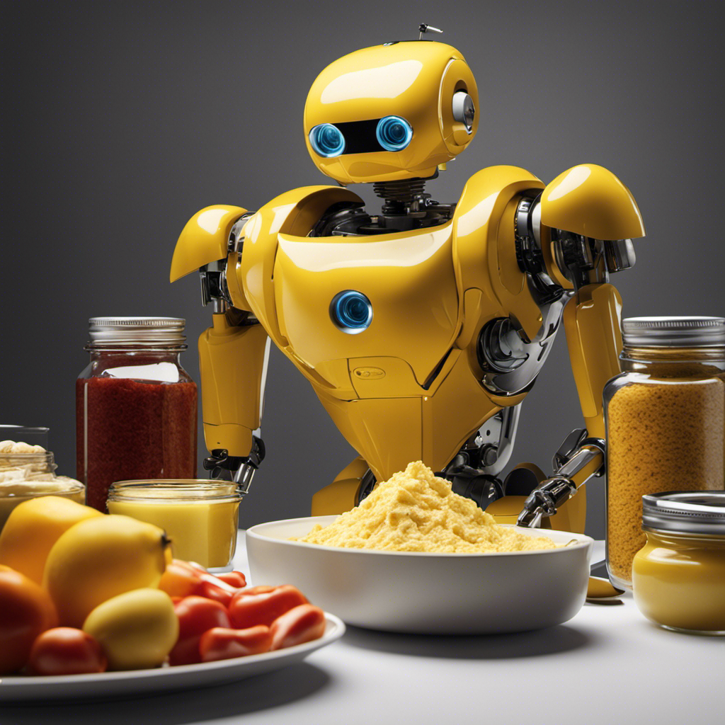 An image of a yellow, butter-passing robot standing on a kitchen countertop, surrounded by various condiments and a confused human