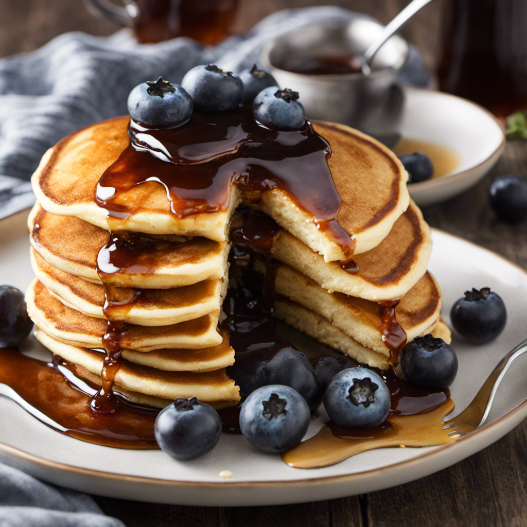 An image that showcases the essence of Nashville Butter Outback: a mouthwatering, golden-brown butter melting over a stack of fluffy pancakes, topped with vibrant blueberries and a drizzle of sweet maple syrup