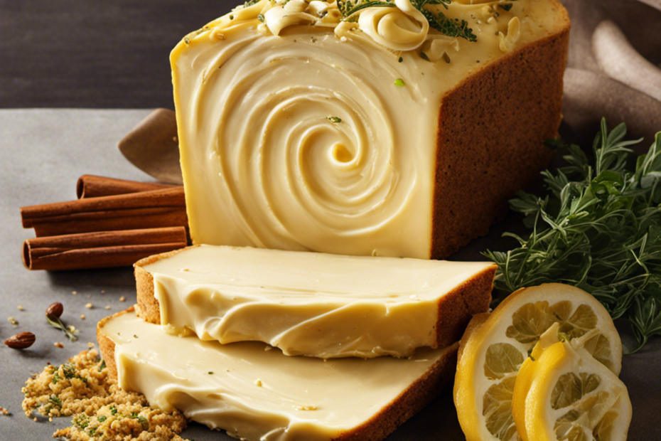 An image showcasing a golden, creamy swirl of Nashville Butter, adorned with flecks of aromatic herbs and spices