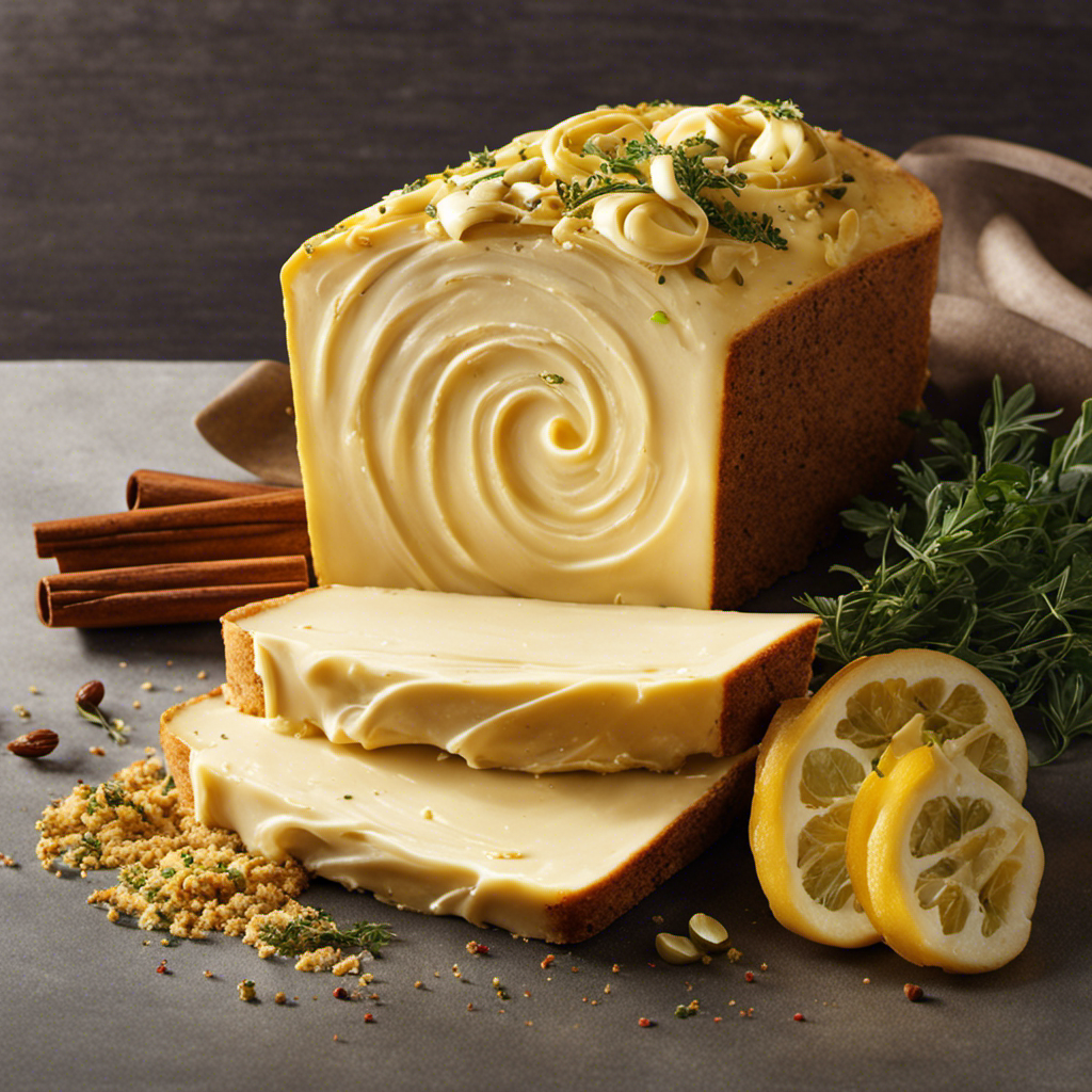 An image showcasing a golden, creamy swirl of Nashville Butter, adorned with flecks of aromatic herbs and spices