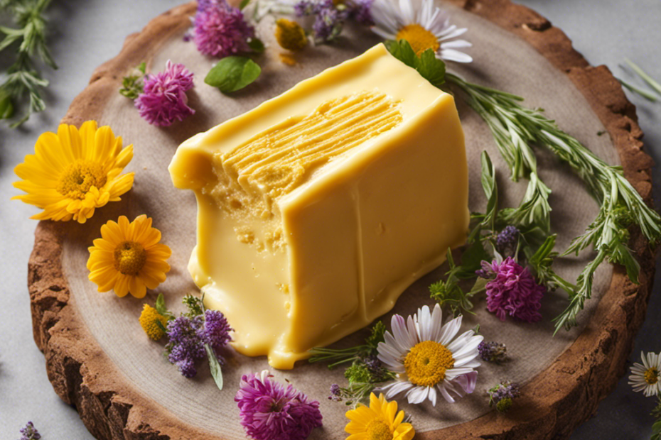 An image showcasing a close-up of a melting stick of golden butter, surrounded by an assortment of freshly picked flowers and herbs