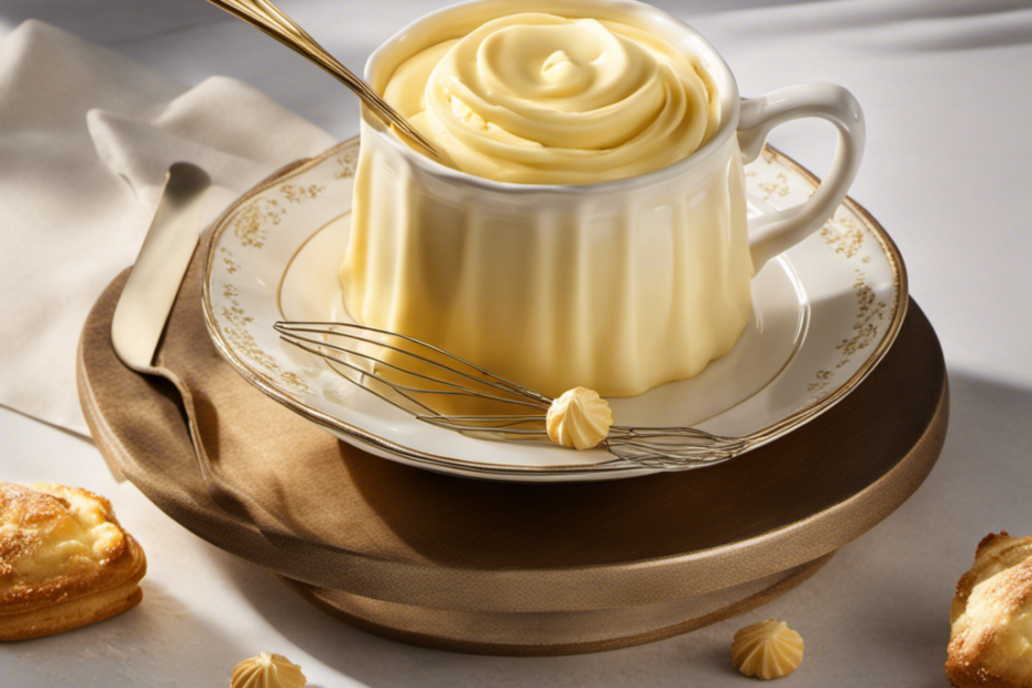 An image showcasing a perfectly measured cup of butter, its smooth and creamy texture glistening under soft lighting, surrounded by a stack of golden, flaky pastries and a vintage whisk