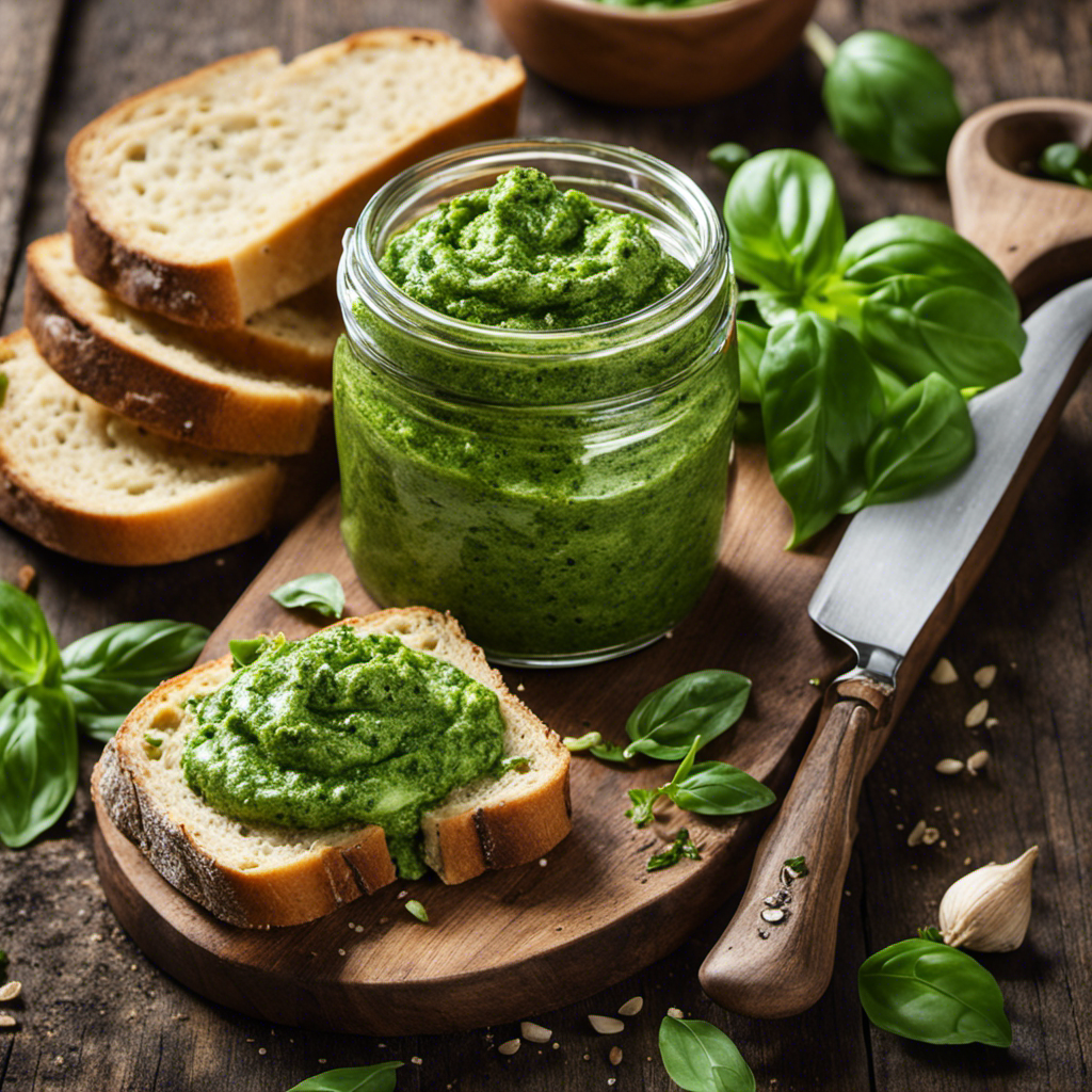 An image showcasing a rustic wooden board with a dollop of vibrant, emerald-green pesto butter melting over a warm slice of crusty bread, surrounded by sprigs of fresh basil and crushed garlic cloves
