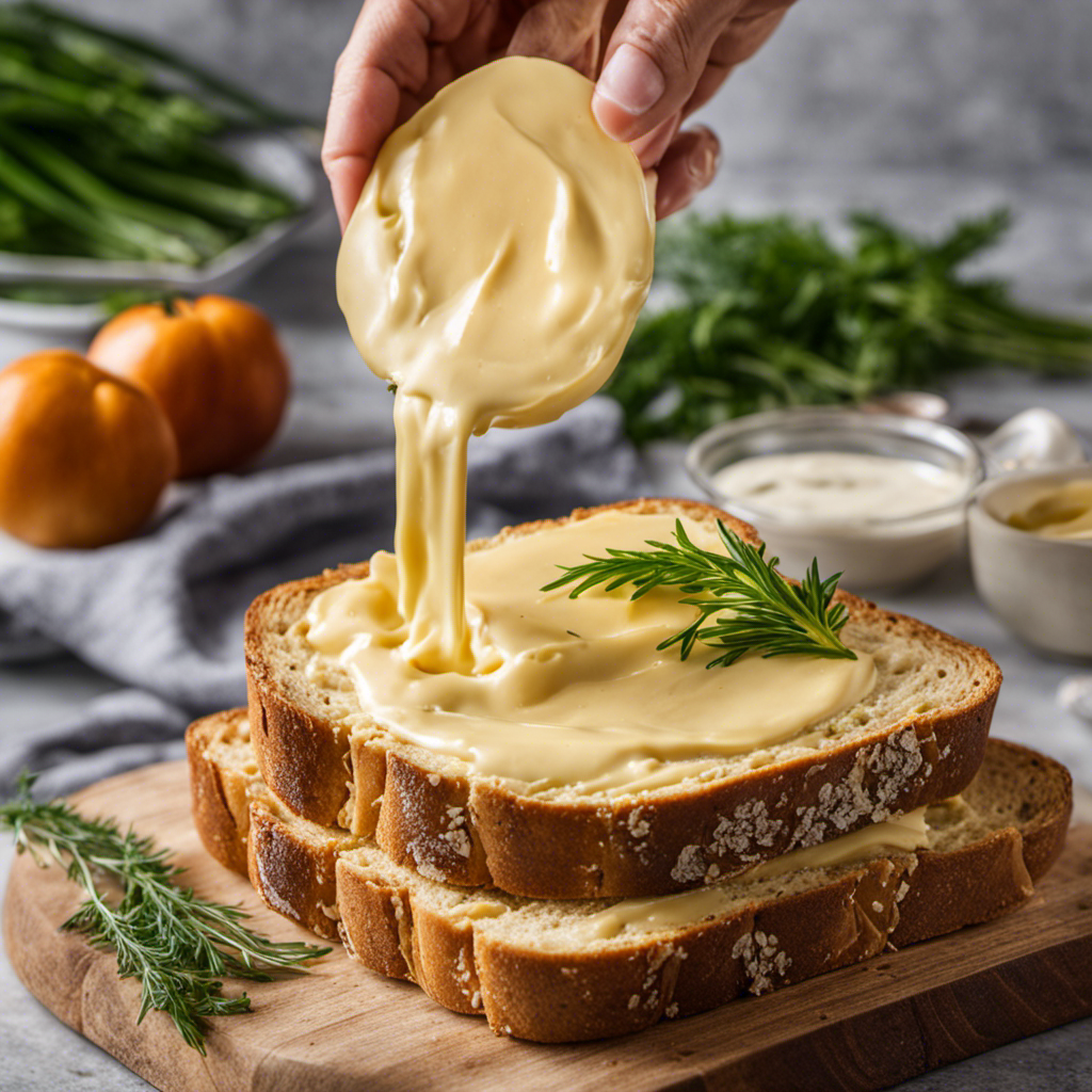 An image of a golden, creamy spread melting on a slice of warm bread