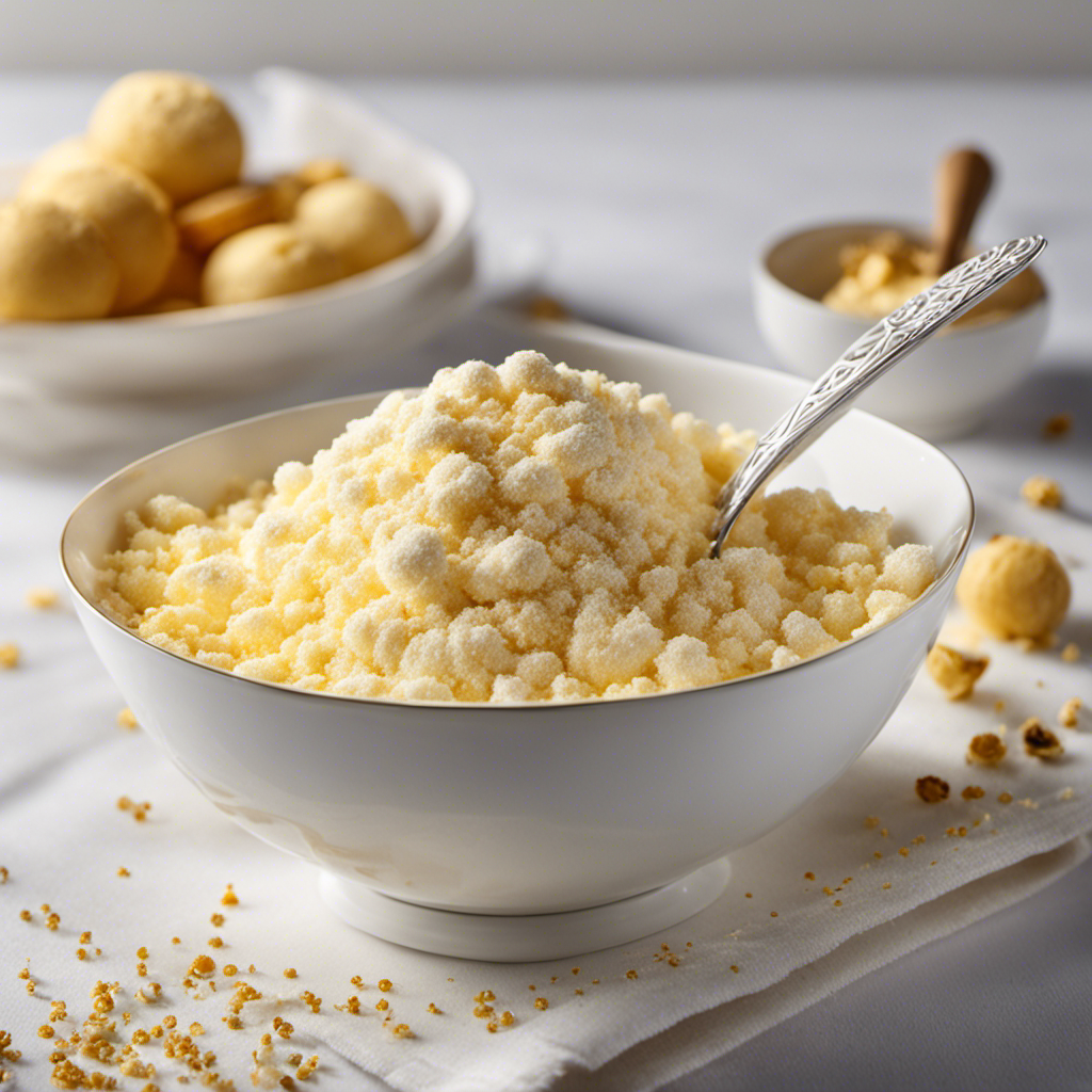 An image that showcases a pristine, white bowl filled with fine, fluffy particles resembling golden butter