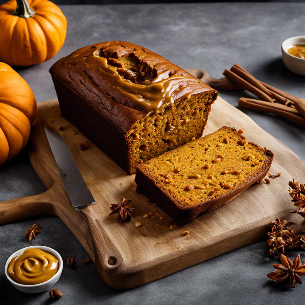An image of a slice of freshly baked pumpkin bread, slathered with a generous layer of creamy pumpkin butter