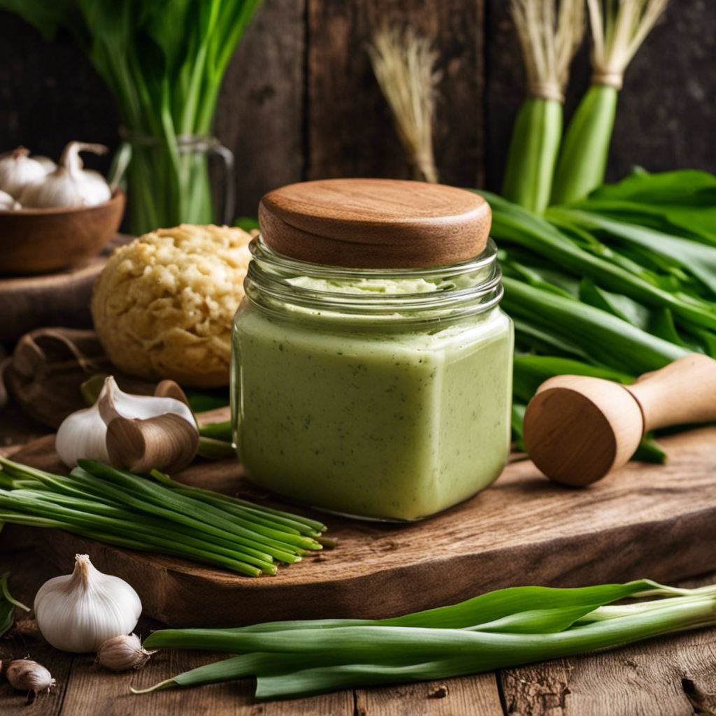 An image showcasing a jar of creamy, pale green ramp butter sitting on a rustic wooden table
