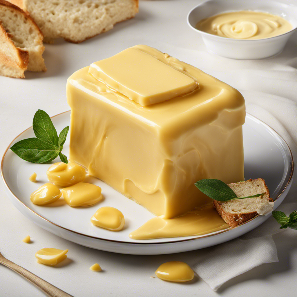 An image showcasing a golden, creamy butter block, gently melting onto a warm, toasted slice of bread