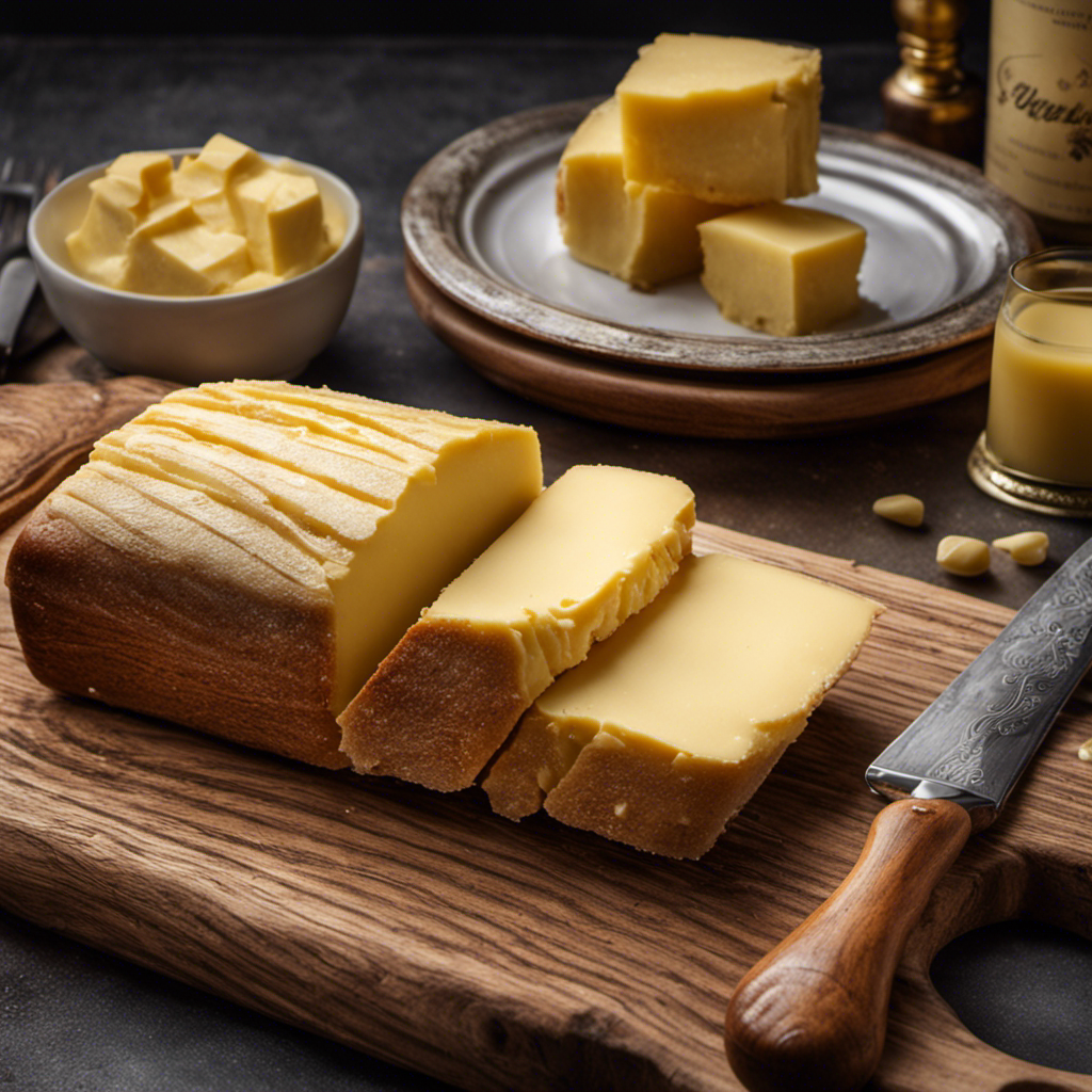 An image showcasing a rustic wooden board with a freshly churned, cylindrical roll of creamy, golden butter
