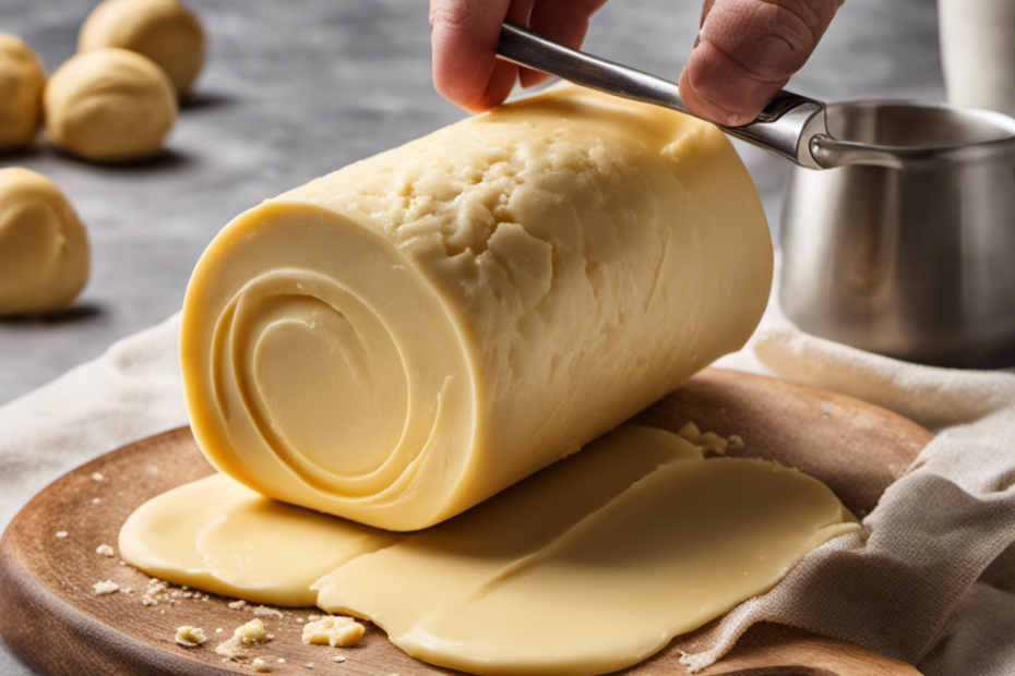An image showcasing the process of making rolled butter: a skilled hand meticulously rolling a soft, golden-hued slab of butter, forming a perfectly cylindrical shape, with a hint of delicate, flaky texture on its surface