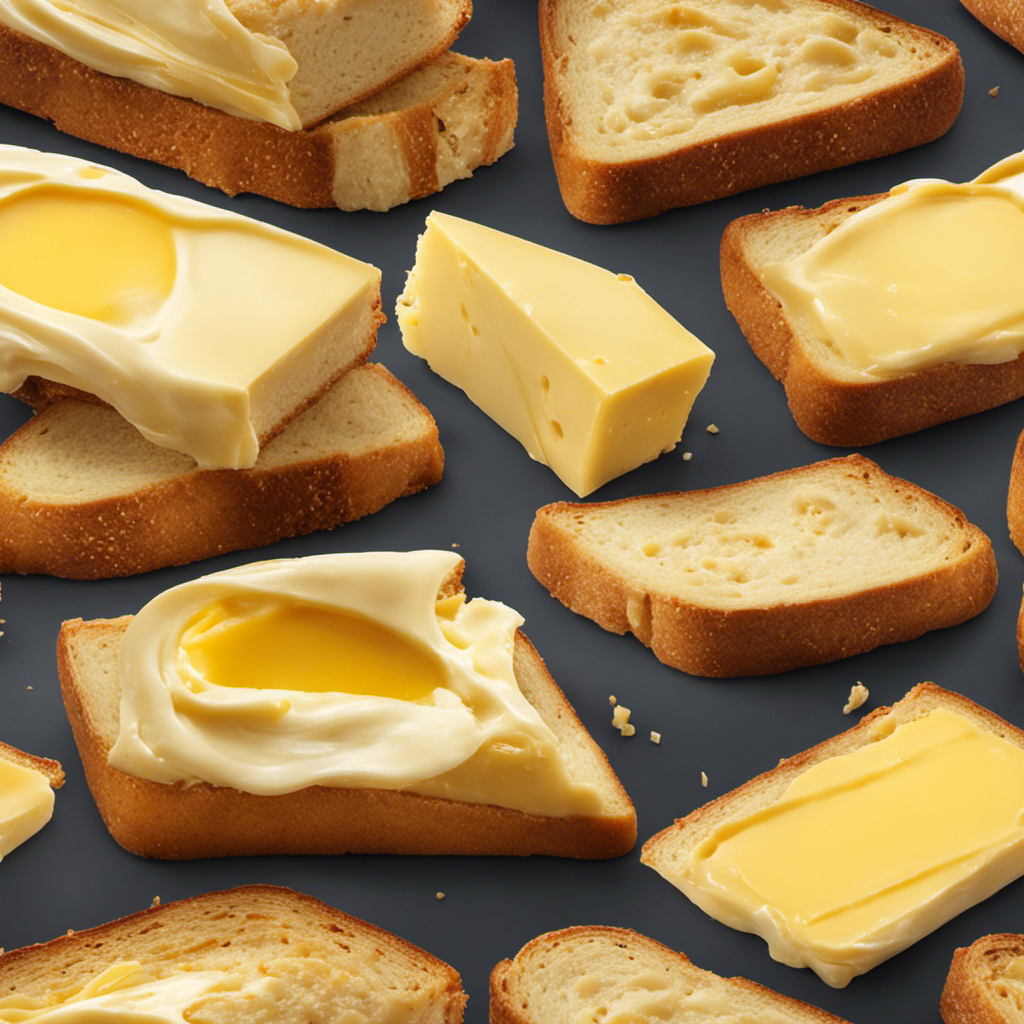An image showcasing a creamy, golden slab of butter gently melting atop a slice of warm, crusty bread