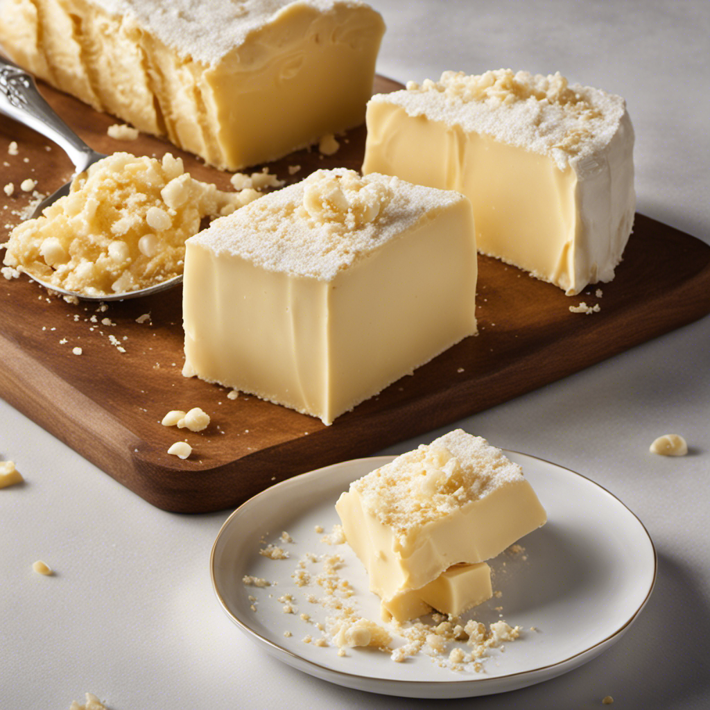 An image that captures the essence of salted sweet cream butter - a creamy, golden-hued slab adorned with delicate flakes of salt, glistening under soft, natural light, inviting a heavenly indulgence