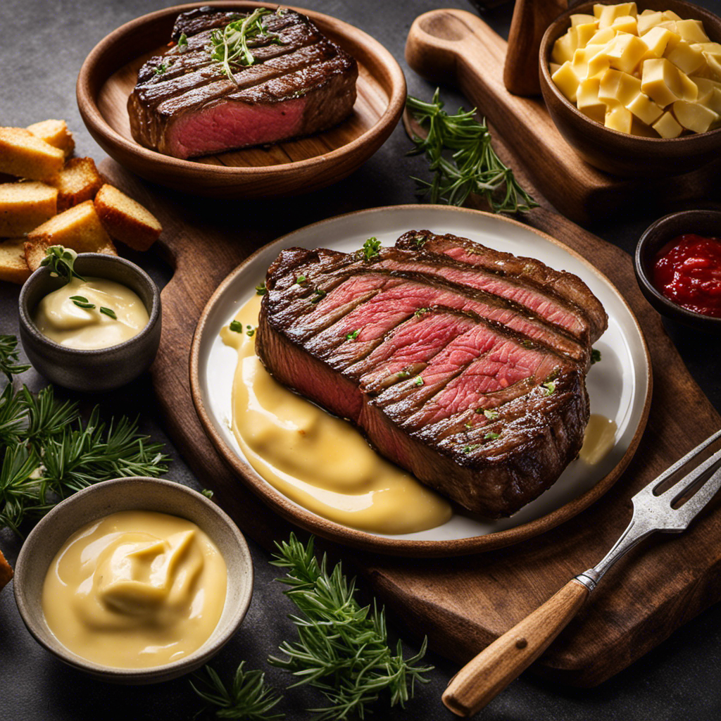 An image that showcases a succulent, perfectly cooked steak, with a pat of rich, creamy butter slowly melting on top