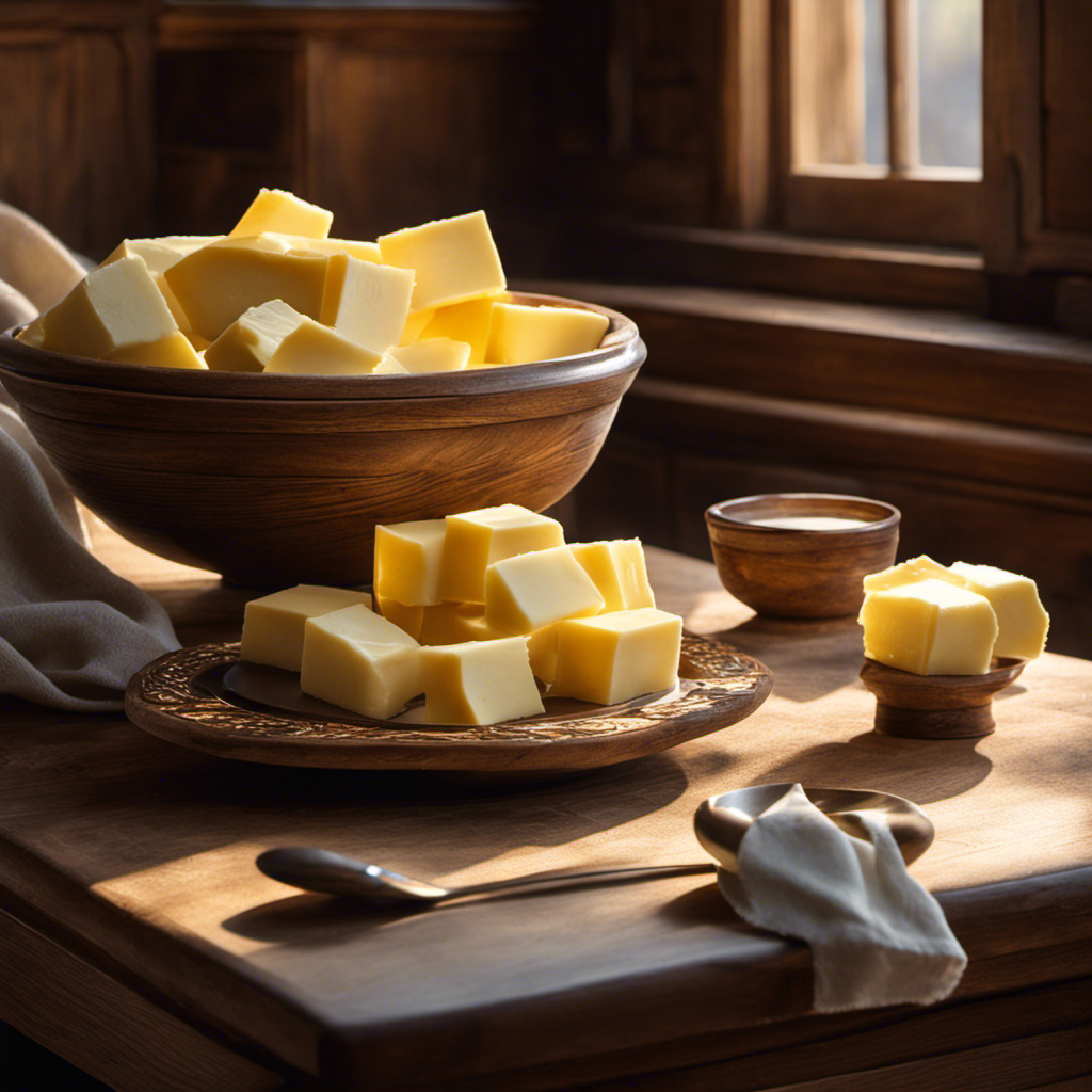 An image of a rustic wooden table adorned with a delicate porcelain dish, filled with creamy, pale-yellow sweet butter
