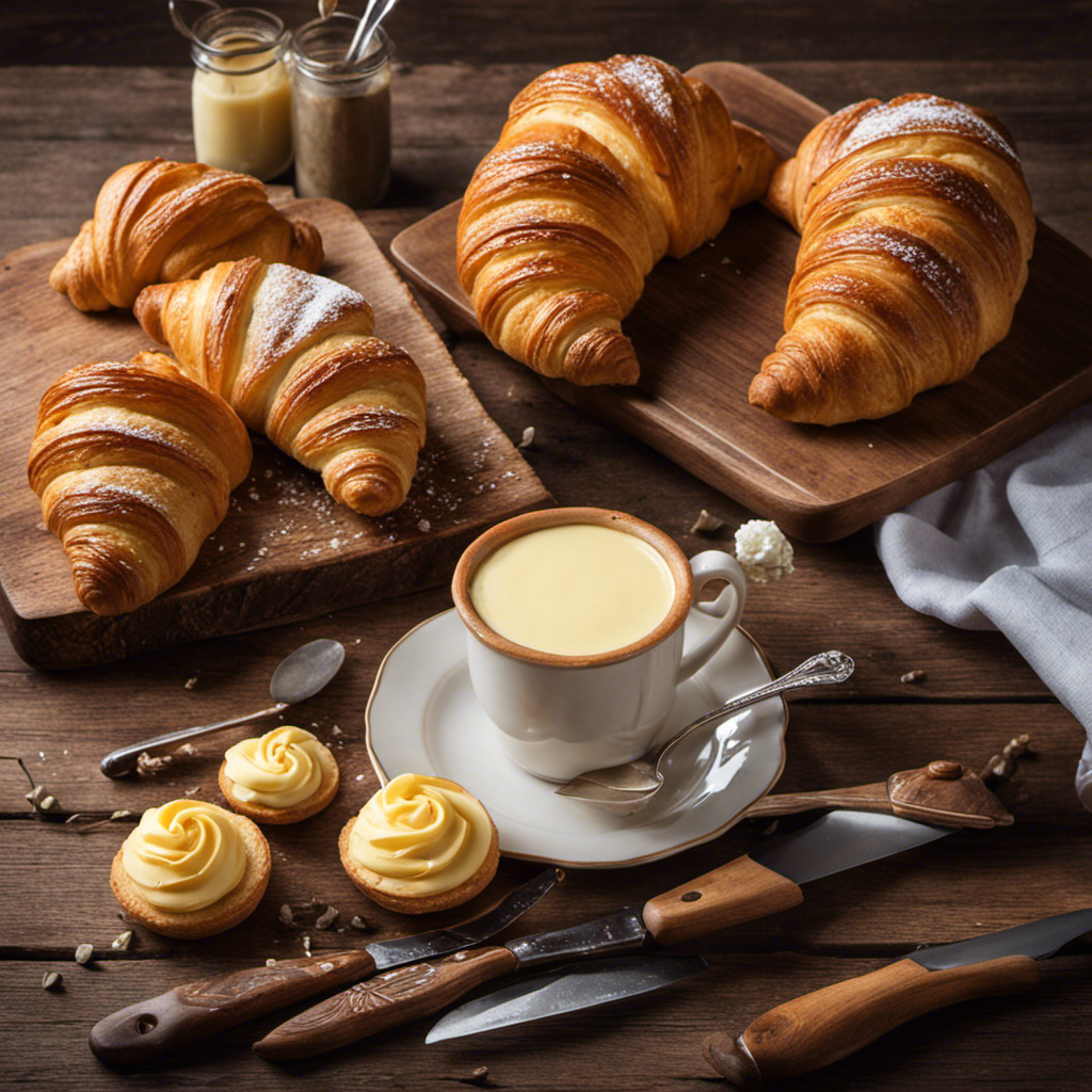 An image showcasing a rustic wooden table adorned with freshly baked pastries, a dainty porcelain dish filled with sweet cream butter, and a spreading knife