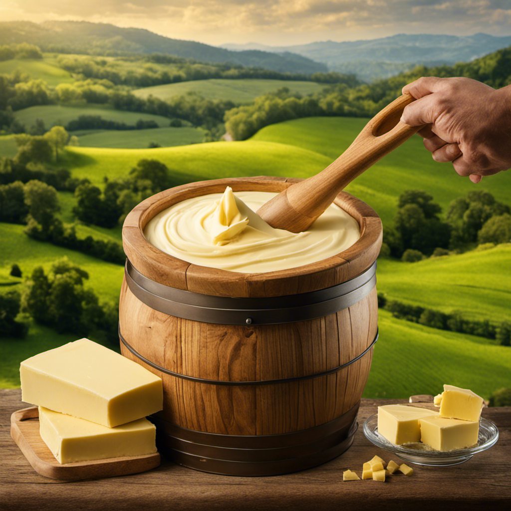 An image capturing the process of sweet cream butter production: a rustic wooden churn filled with fresh, creamy milk being skillfully hand-turned, resulting in golden butter forming, surrounded by a backdrop of lush green pastures