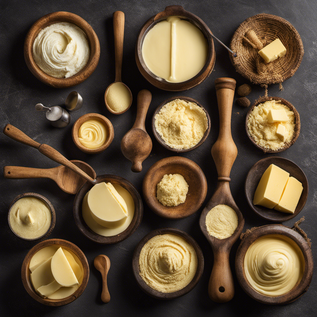 An image showcasing the evolution of sweet cream butter through time: starting with ancient civilizations churning butter by hand, progressing to modern methods with cream separators and churns, and culminating in a contemporary butter-making factory
