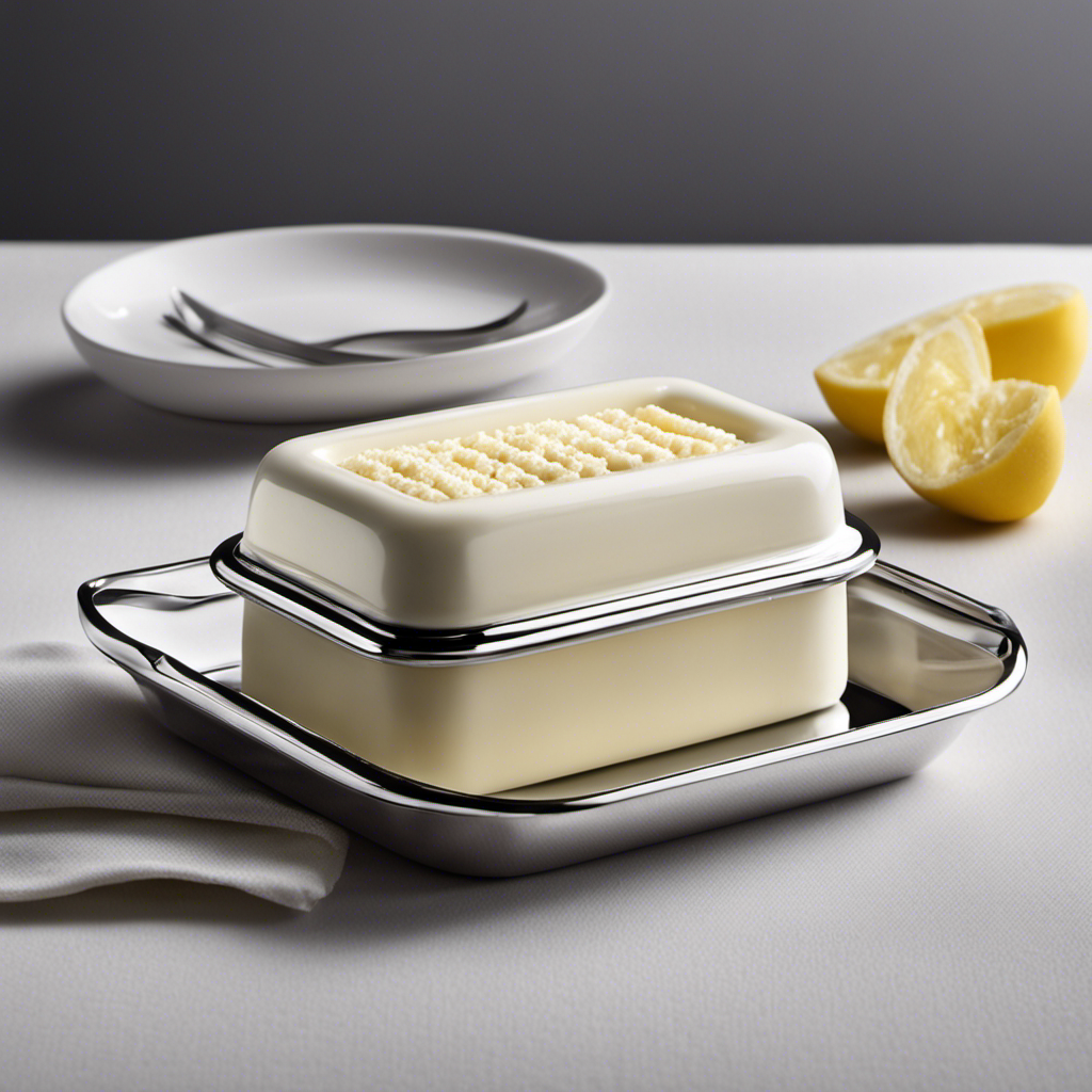 An image of a pristine, stainless steel butter dish with a perfectly formed stick of sweet cream butter resting inside