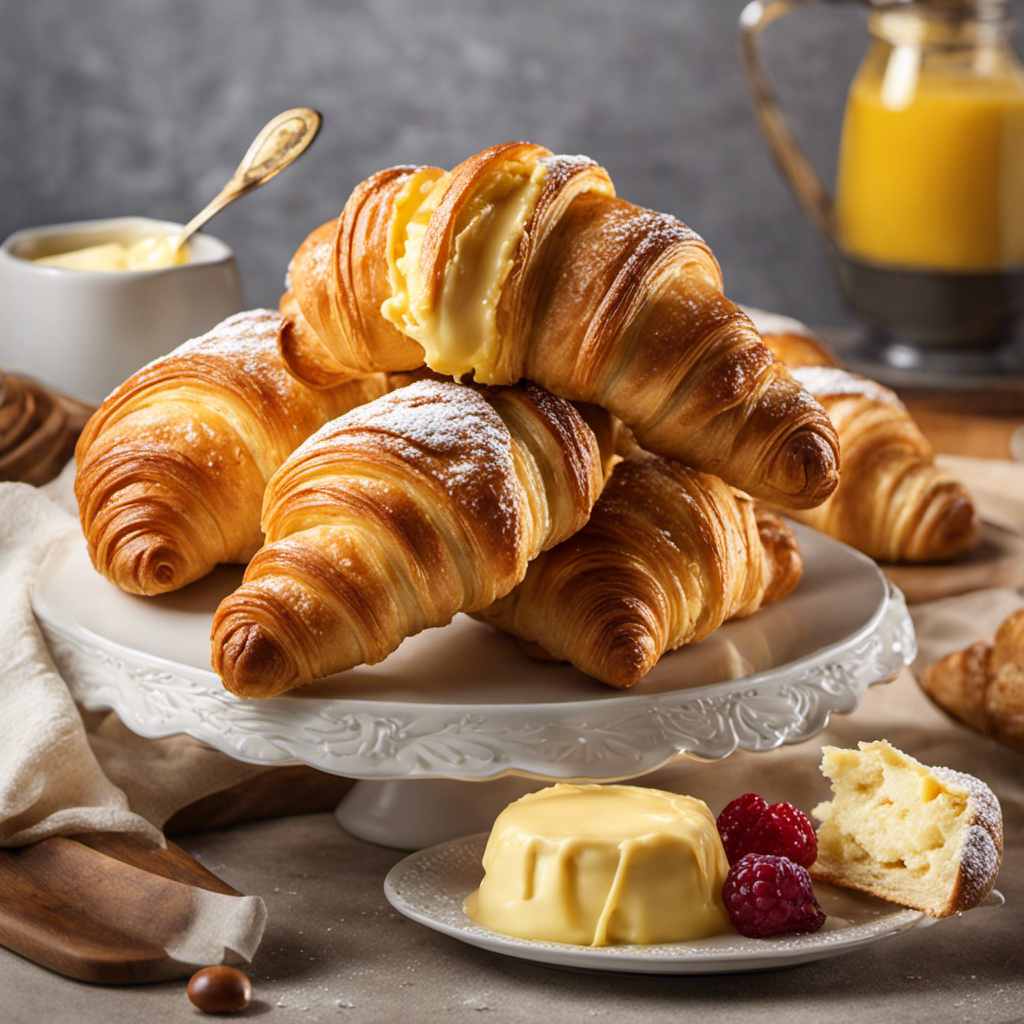 An image showcasing a golden, creamy dollop of sweet cream butter melting onto a stack of freshly baked, flaky croissants