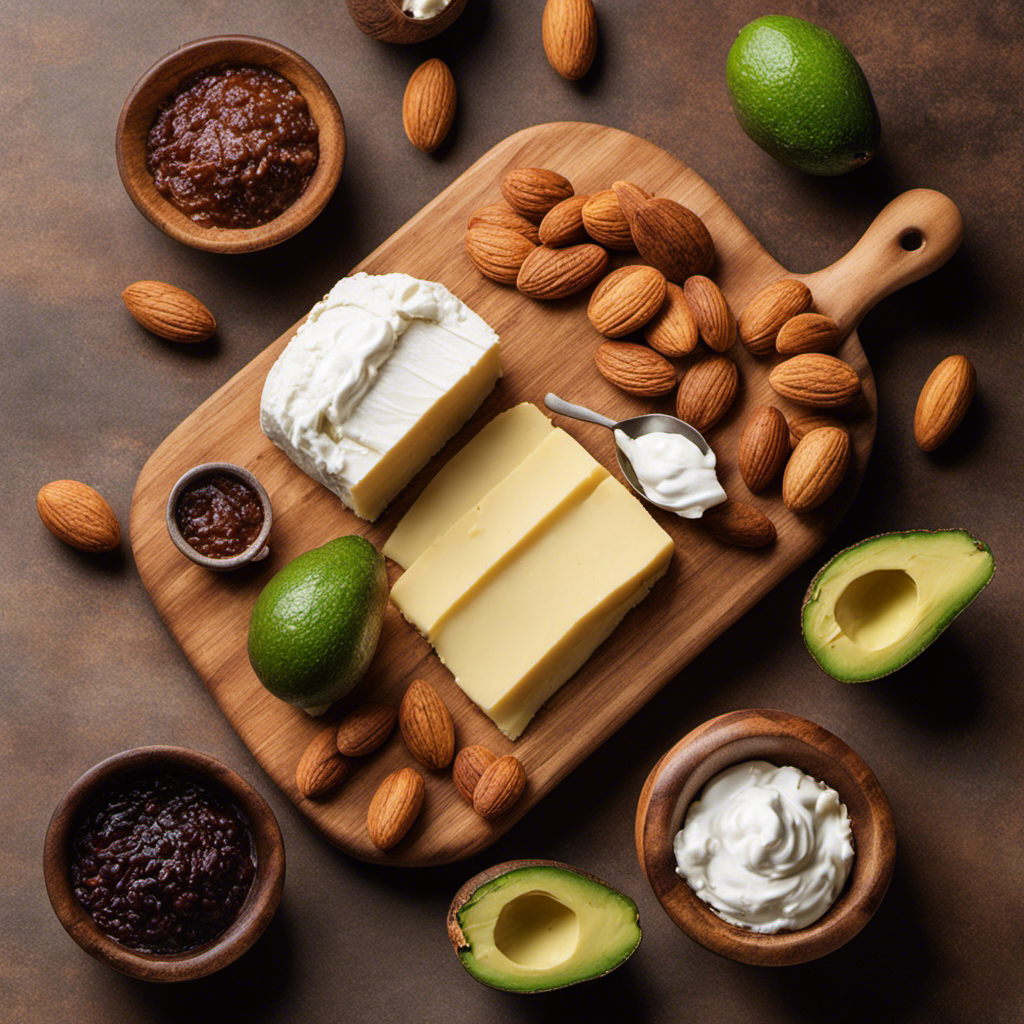 An image showcasing a wooden cutting board with a slab of sweet cream butter melting, surrounded by an assortment of alternative spreads like almond, coconut, and avocado, emphasizing the variety of substitutes available