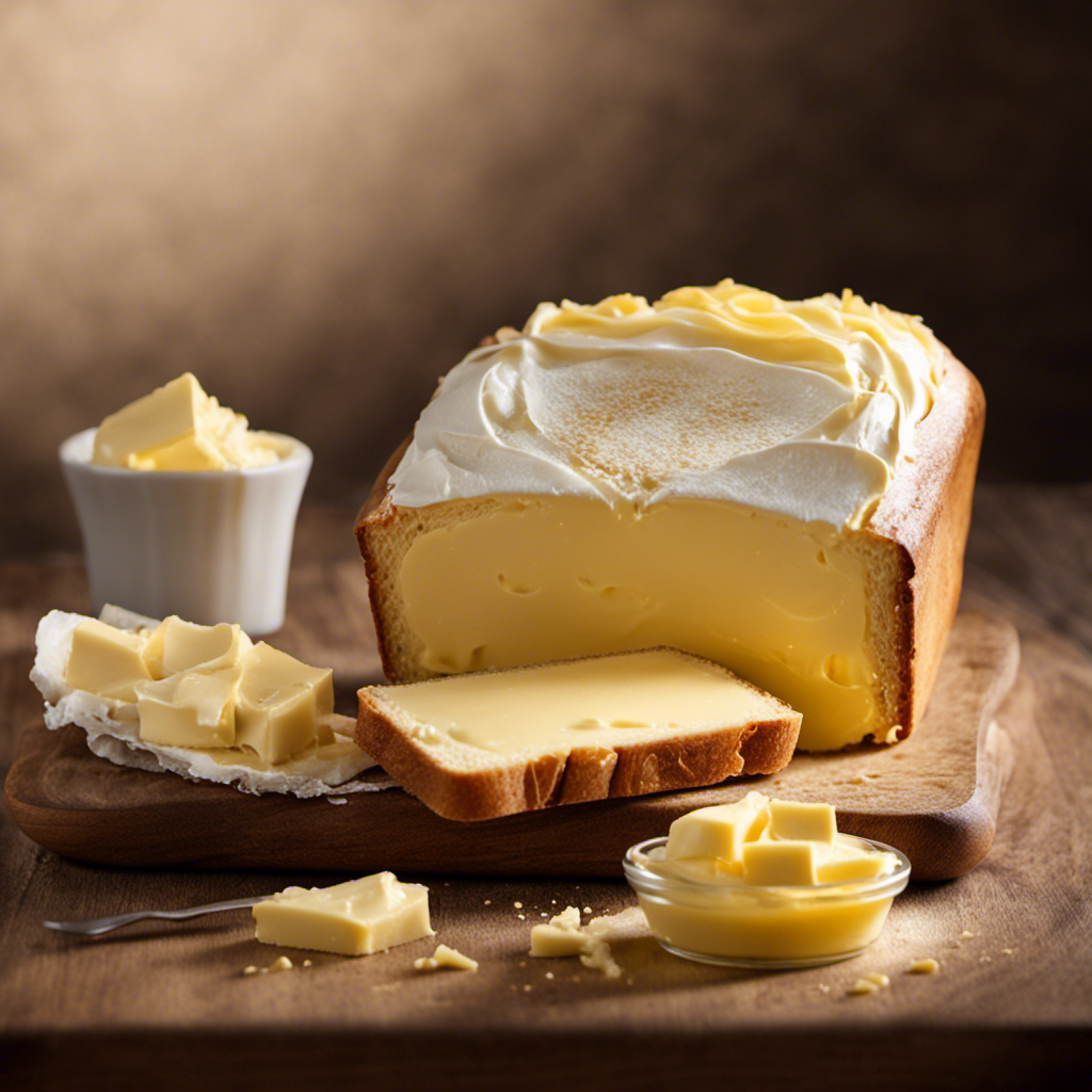 An image depicting a close-up of a golden, creamy block of sweet cream butter, perfectly spread over a slice of warm bread