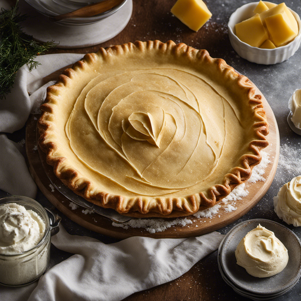 An image showcasing a rustic, golden pie crust being rolled out on a marble countertop, with a pat of sweet cream butter melting on top