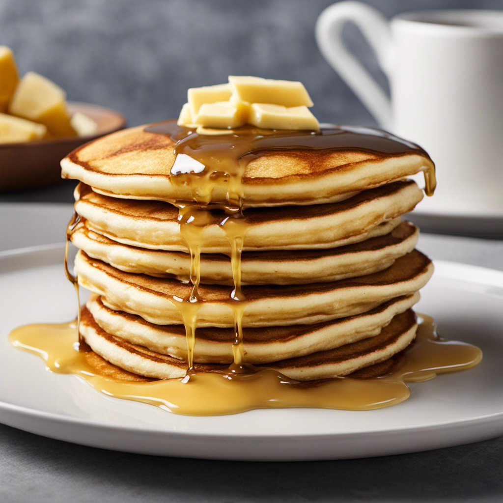 An image showcasing a dollop of creamy, golden sweet cream butter melting atop a stack of warm pancakes