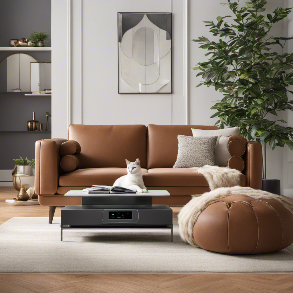 An image that showcases a sleek, modern living room with a fluffy cat lounging on a pristine couch, while an air purifier quietly purifies the air, capturing and eliminating microscopic allergens