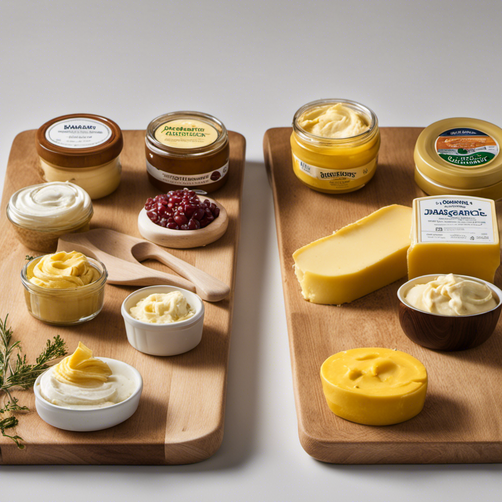 An image showcasing different spreads, including butter and margarine options, arranged in a line atop a wooden cutting board