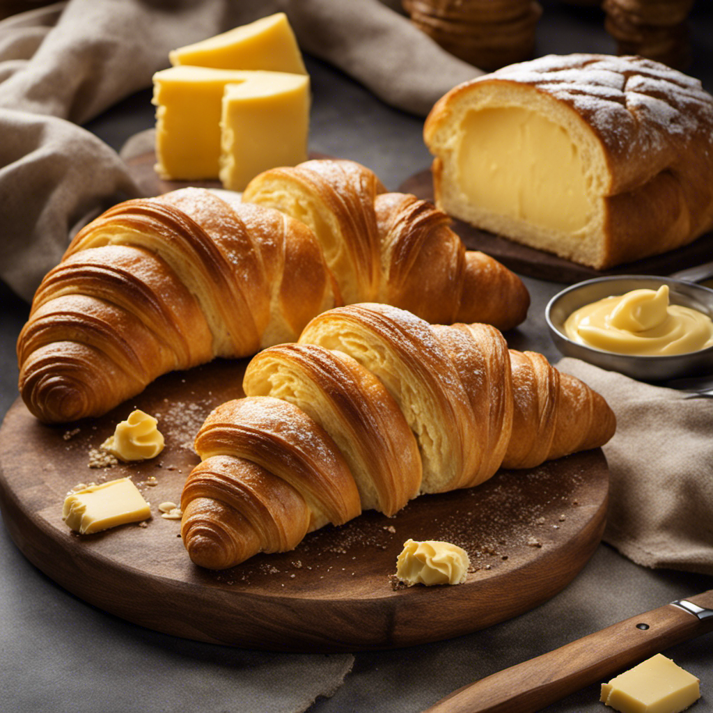 An image that showcases a variety of butter types, each displaying unique textures and shades of golden yellow, surrounded by freshly baked croissants, a dollop melting on warm toast, and a knife ready to spread