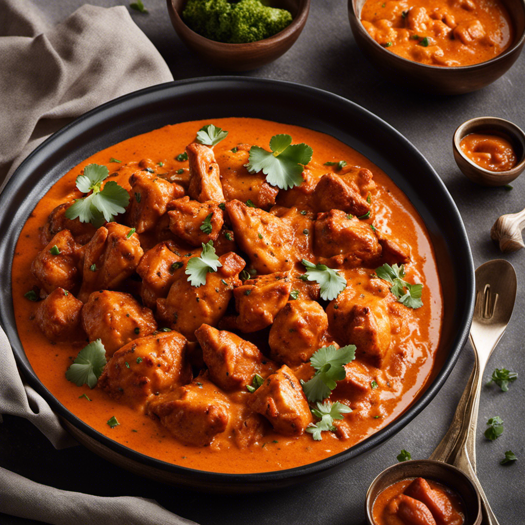 An image that juxtaposes a plate of vibrant orange Butter Chicken, featuring succulent pieces of chicken coated in a creamy tomato-based sauce, with a plate of Chicken Tikka Masala, showcasing charred tandoori chicken tikka pieces swimming in a rich, spiced tomato gravy