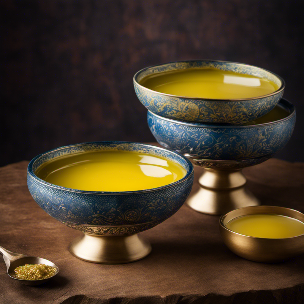 An image showcasing two separate bowls, one filled with golden ghee and the other with creamy clarified butter