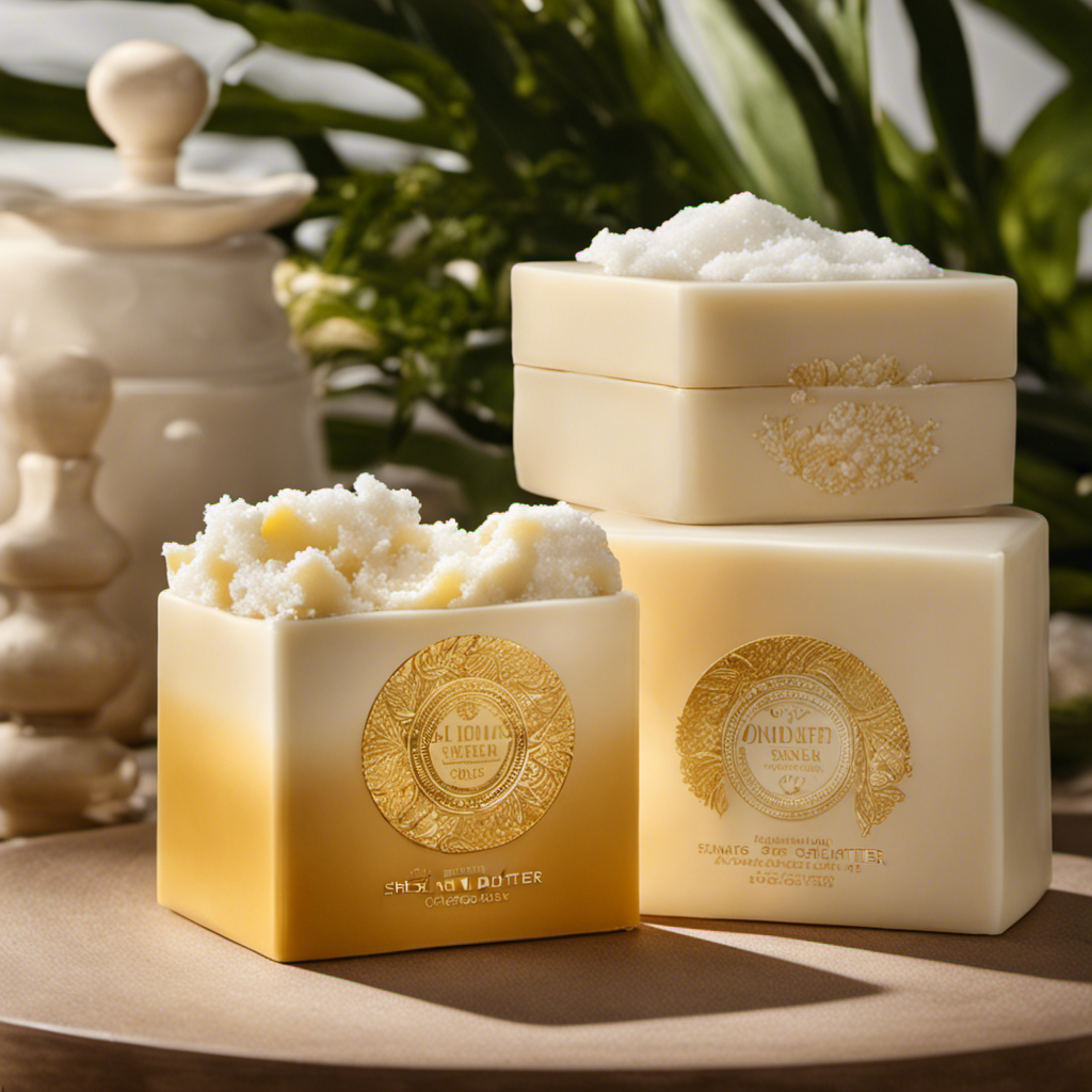 An image showcasing two distinct blocks of shea butter: one gleaming white, resembling freshly fallen snow, and the other a warm, golden yellow, reminiscent of a radiant summer sunset