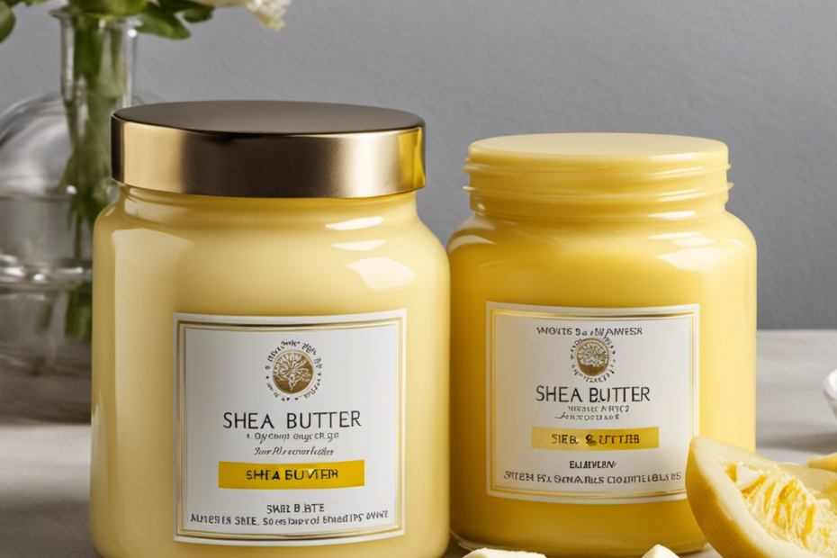 An image contrasting yellow and white shea butter by depicting two neatly arranged jars side by side