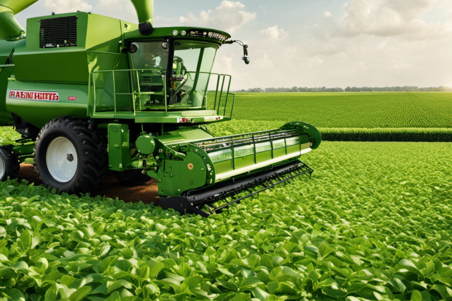 An image showcasing an intricate machinery, surrounded by acres of lush green fields dotted with peanut plants