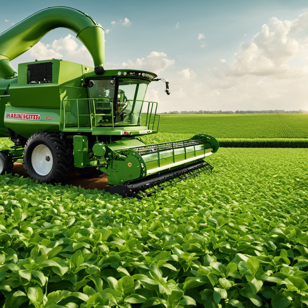An image showcasing an intricate machinery, surrounded by acres of lush green fields dotted with peanut plants