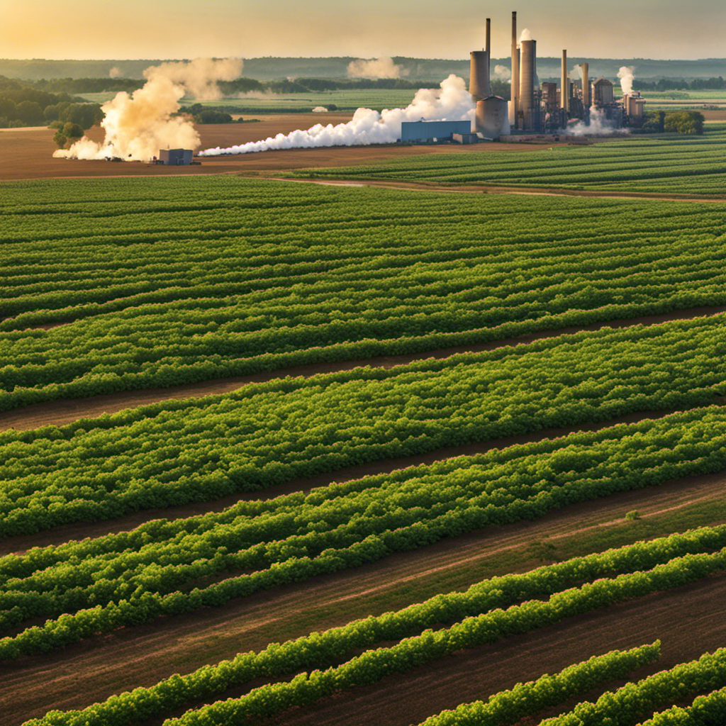 An image showcasing a vast peanut field stretching towards the horizon, with several prominent factories in the background, emitting plumes of smoke