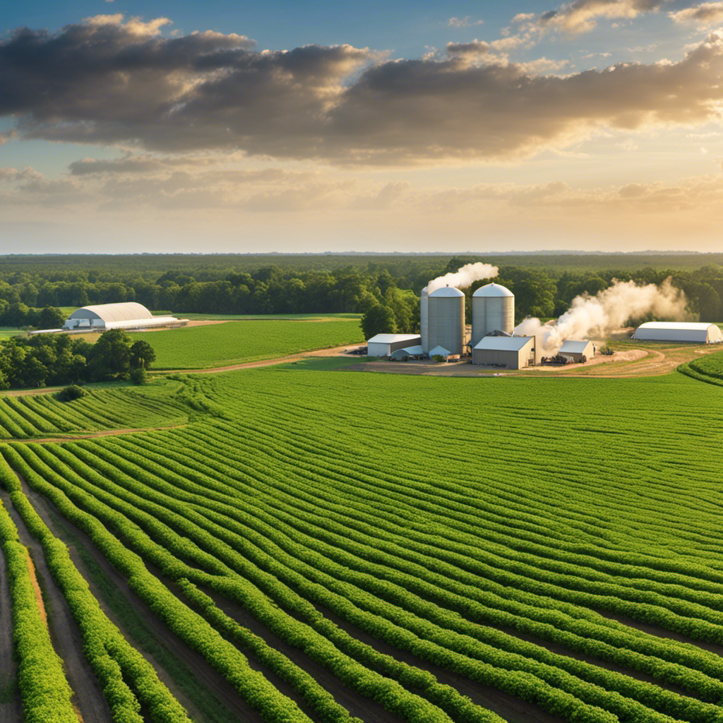 An image showcasing a sprawling peanut farm with vast fields of mature, vibrant green plants stretching endlessly towards the horizon