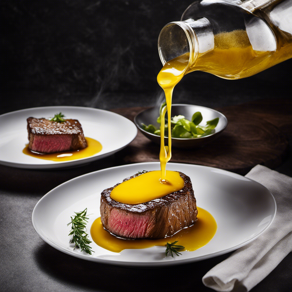 An image showcasing a golden, translucent pool of clarified butter being drizzled over a perfectly seared steak, evoking a sense of richness, enhancement, and culinary mastery