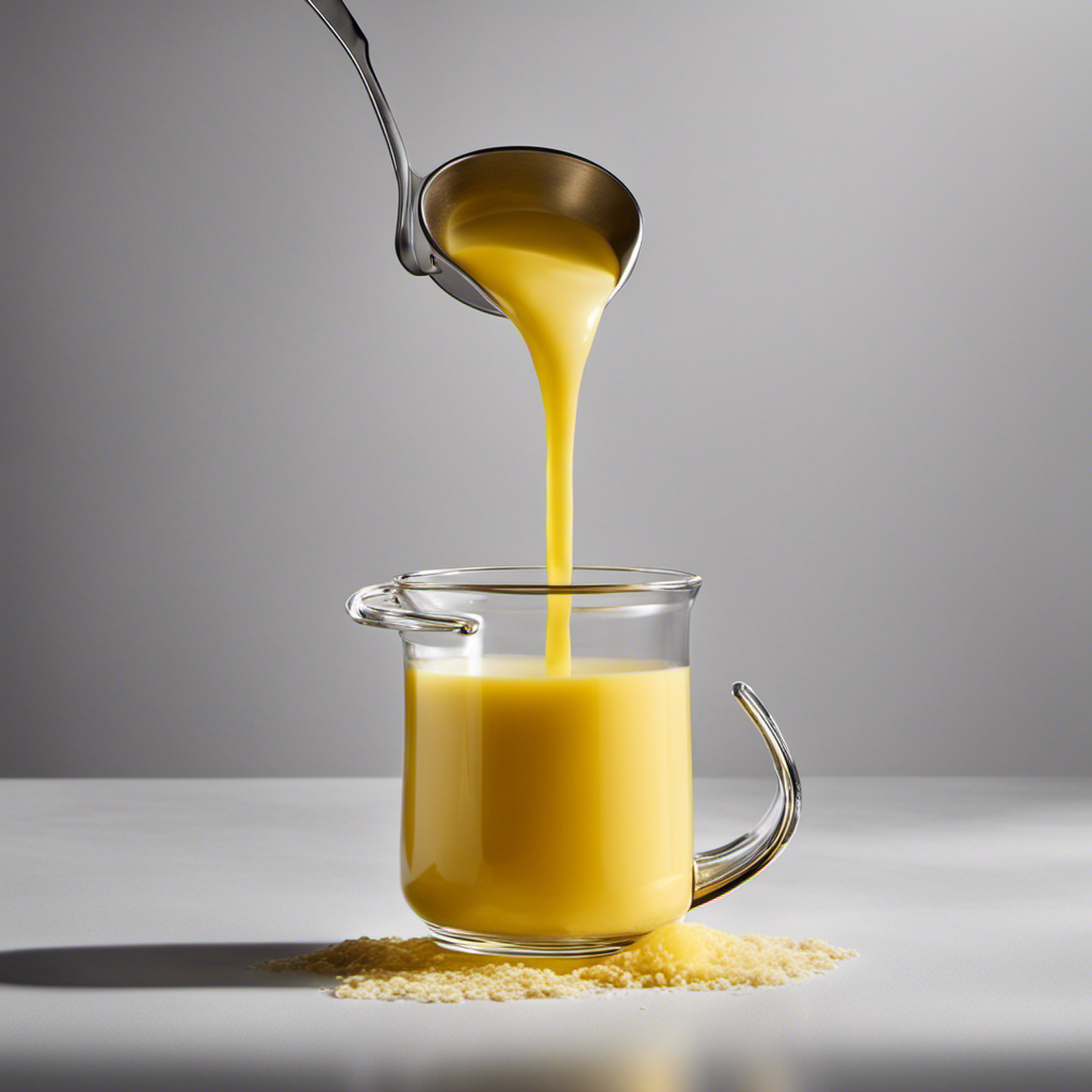 An image showcasing the process of clarifying butter: a golden, translucent liquid being poured through a fine mesh sieve, separating the milk solids, leaving behind a clear, pure, and vibrant liquid