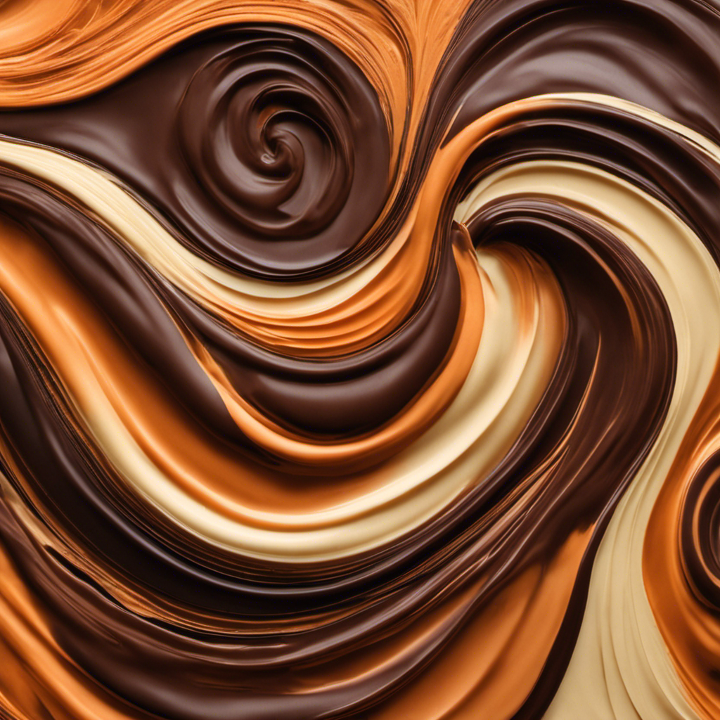 An image depicting a luscious swirl of creamy peanut butter, rich dark chocolate, and vibrant orange hues, elegantly blending together