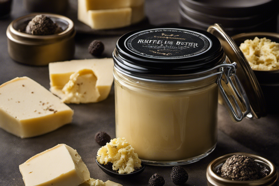 An image featuring a close-up shot of a luxurious handcrafted jar filled with creamy, golden-hued truffle butter